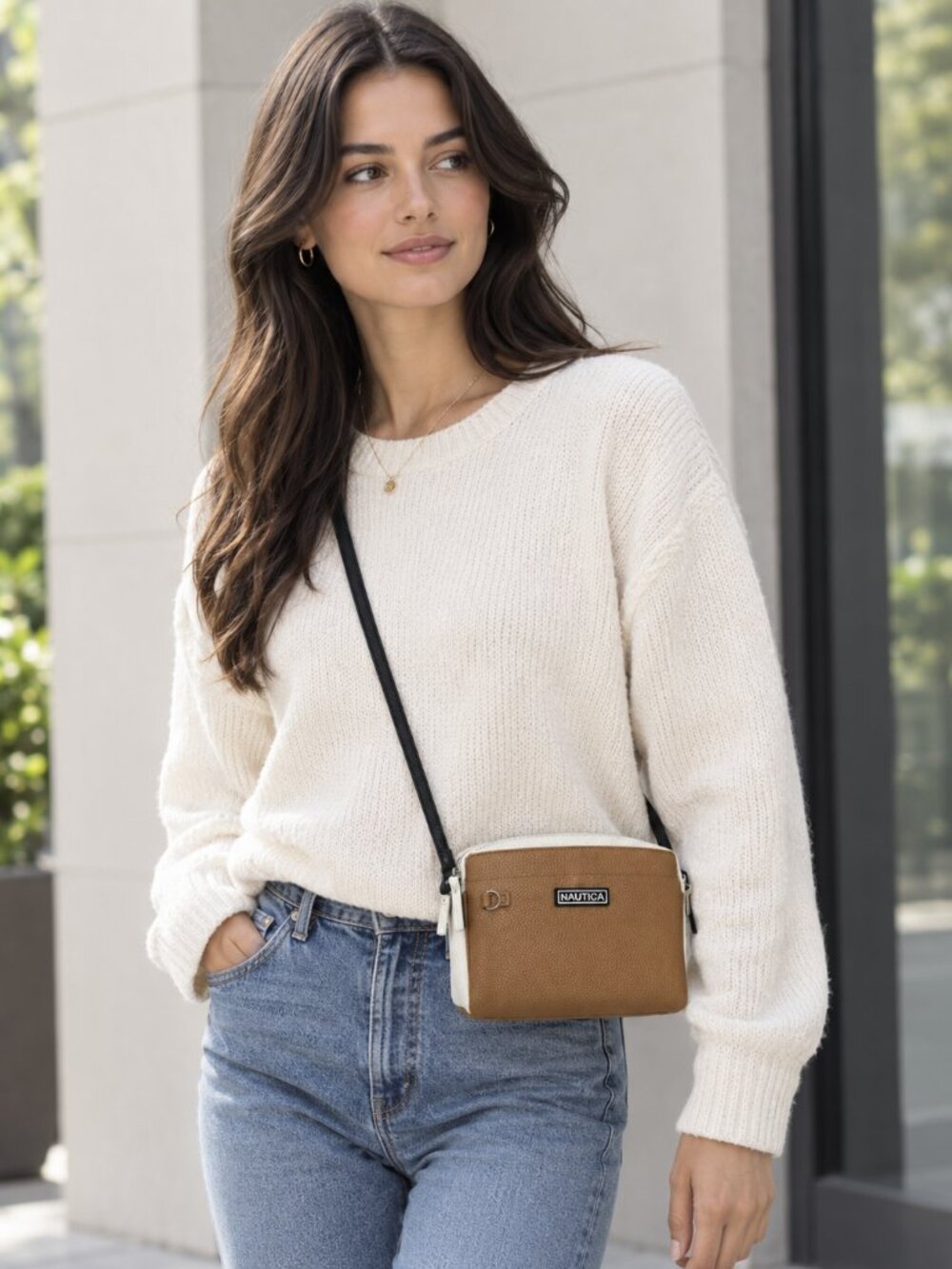 Nautica Colorblock PU Leather Canvas Crossbody Bag White Tan Black